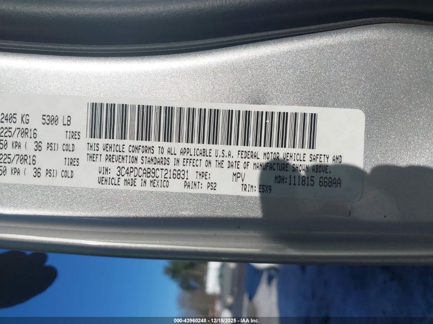 2012 Dodge Journey Se/Avp VIN: 3C4PDCAB9CT216831 Lot: 43960248