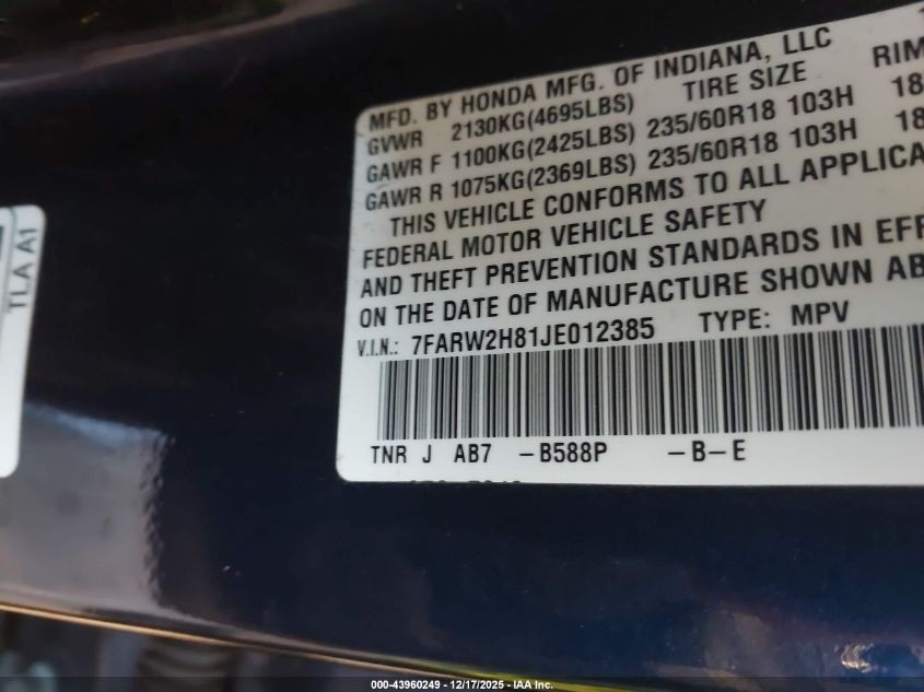 2018 Honda Cr-V Ex-L/Ex-L Navi VIN: 7FARW2H81JE012385 Lot: 43960249