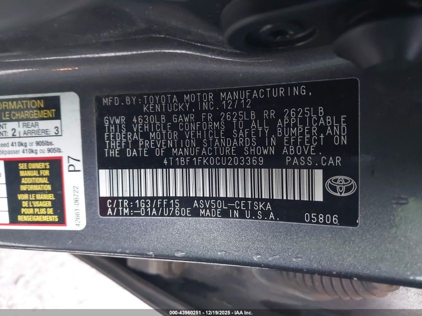 2012 Toyota Camry Se VIN: 4T1BF1FK0CU203369 Lot: 43960251