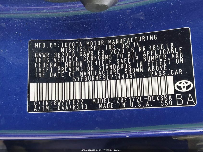 2014 Toyota Corolla S Plus VIN: 5YFBURHE9EP144354 Lot: 43960253