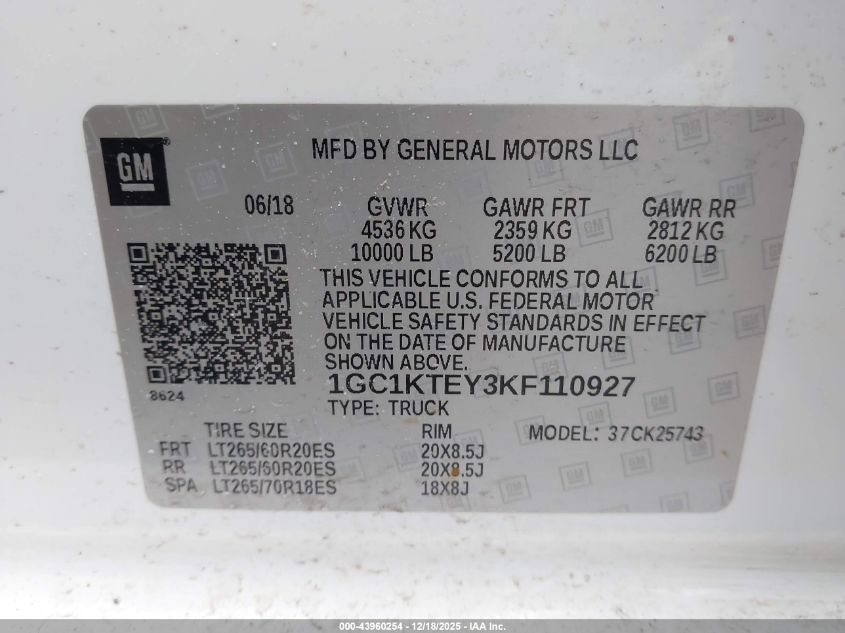 2019 Chevrolet Silverado 2500Hd Ltz VIN: 1GC1KTEY3KF110927 Lot: 43960254