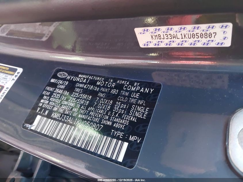 2019 Hyundai Tucson Sel VIN: KM8J33AL1KU050807 Lot: 43960255