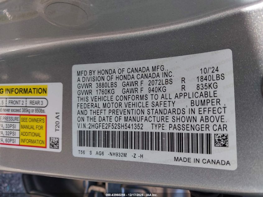 2025 Honda Civic Sport VIN: 2HGFE2F52SH541352 Lot: 43960256