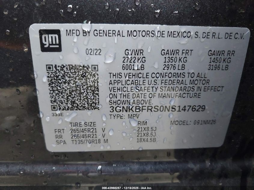 2022 Chevrolet Blazer Fwd Premier VIN: 3GNKBFRS0NS147629 Lot: 43960257