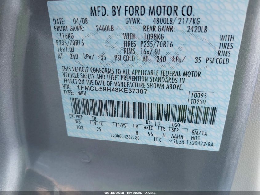 2008 Ford Escape Hybrid VIN: 1FMCU59H48KE37387 Lot: 43960258