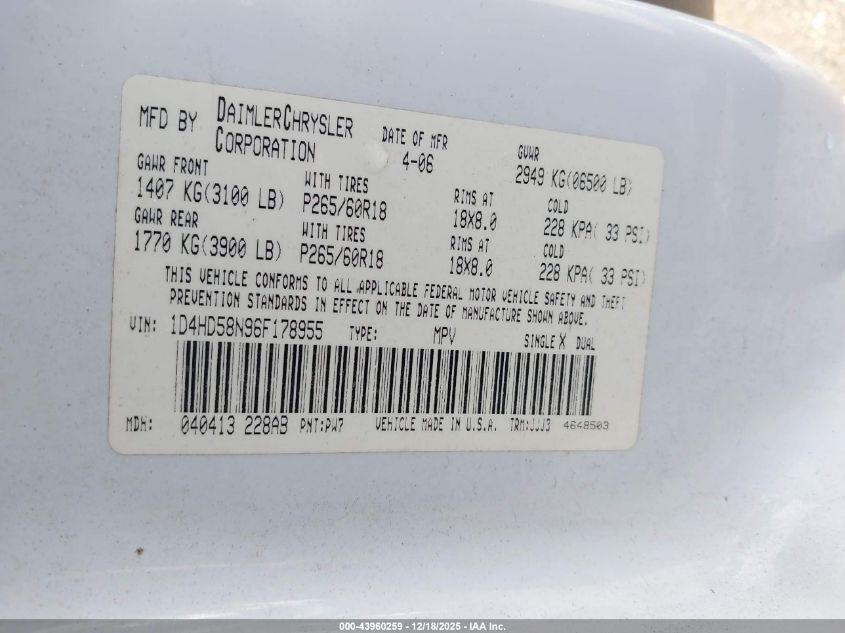 2006 Dodge Durango Limited VIN: 1D4HD58N96F178955 Lot: 43960259