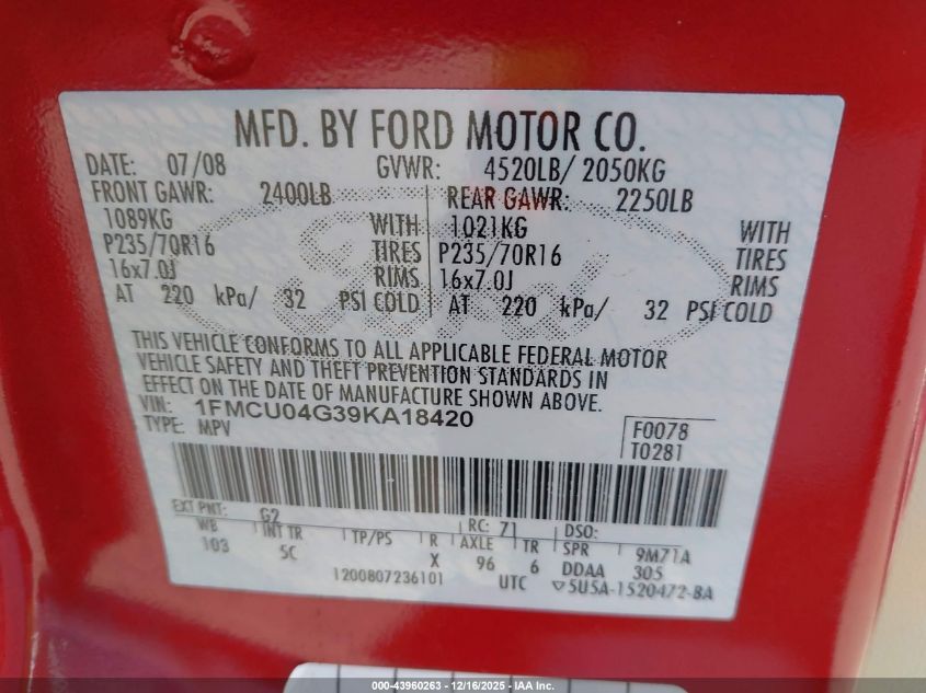 2009 Ford Escape Limited VIN: 1FMCU04G39KA18420 Lot: 43960263