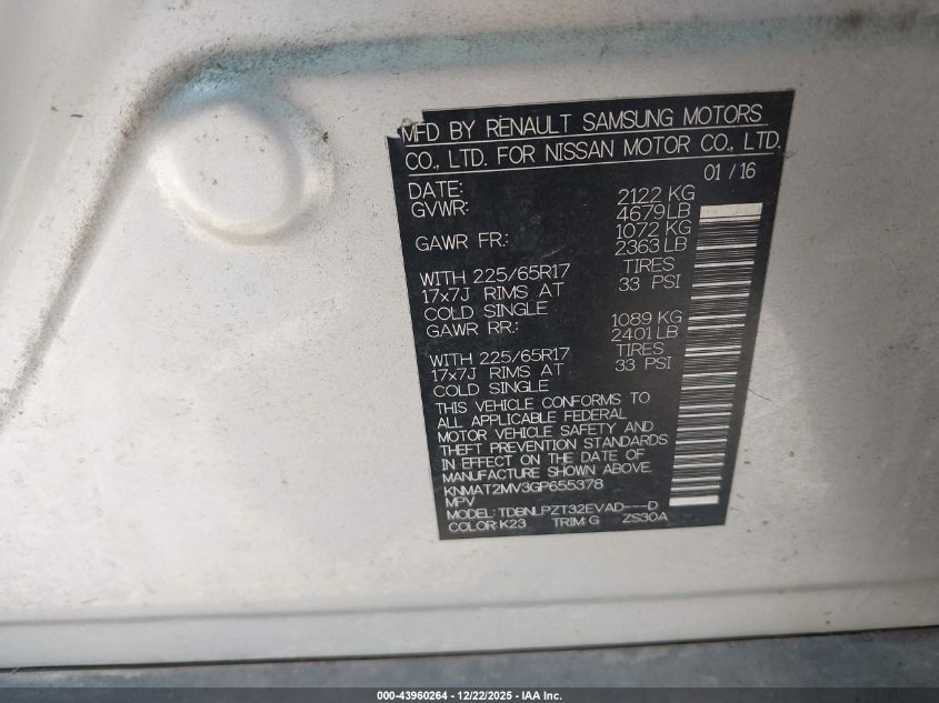 2016 Nissan Rogue S VIN: KNMAT2MV3GP655378 Lot: 43960264