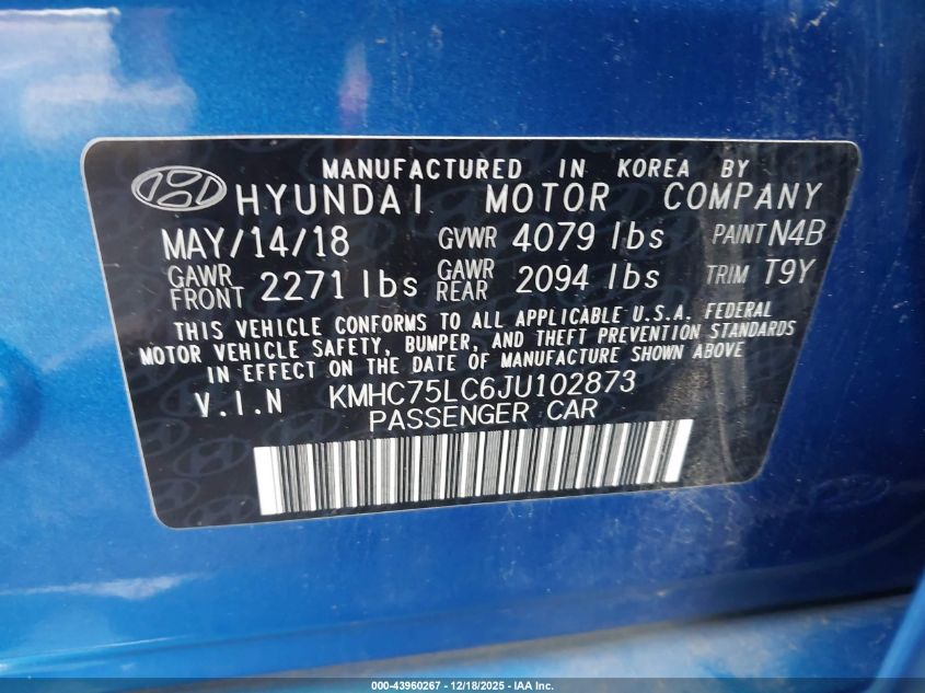 2018 Hyundai Ioniq Hybrid Sel VIN: KMHC75LC6JU102873 Lot: 43960267