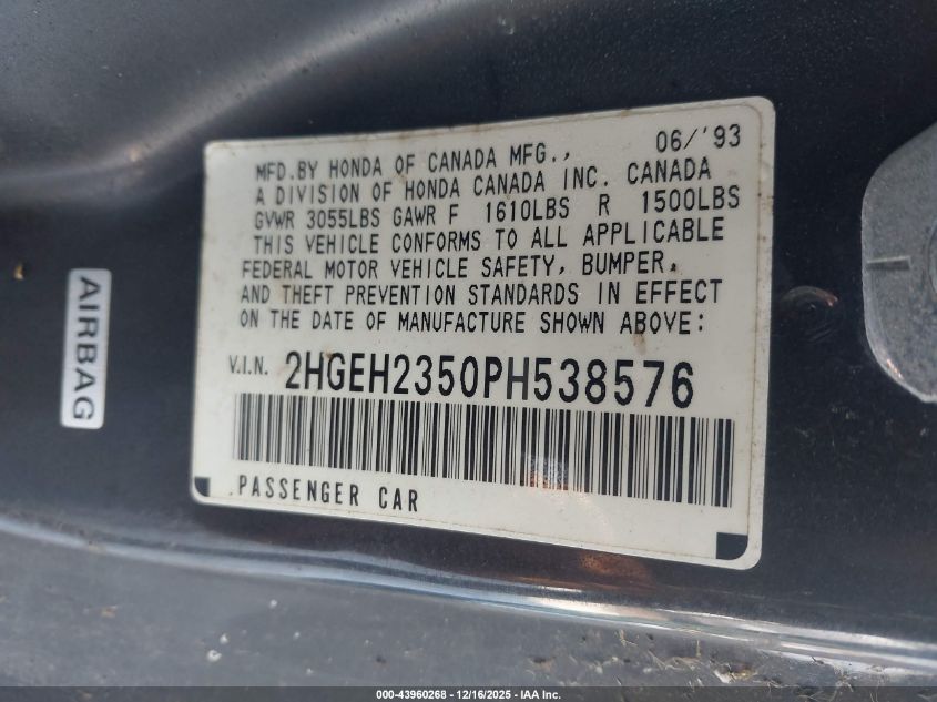 1993 Honda Civic Cx VIN: 2HGEH2350PH538576 Lot: 43960268