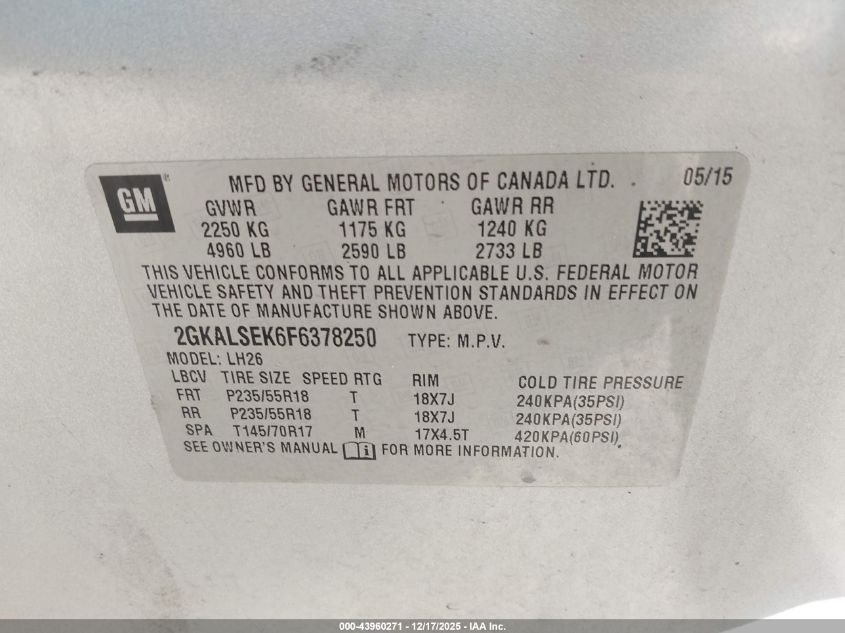 2015 GMC Terrain Slt-1 VIN: 2GKALSEK6F6378250 Lot: 43960271