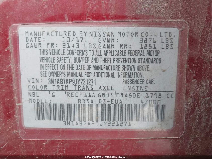 2018 Nissan Sentra Sv VIN: 3N1AB7AP9JY221271 Lot: 43960272