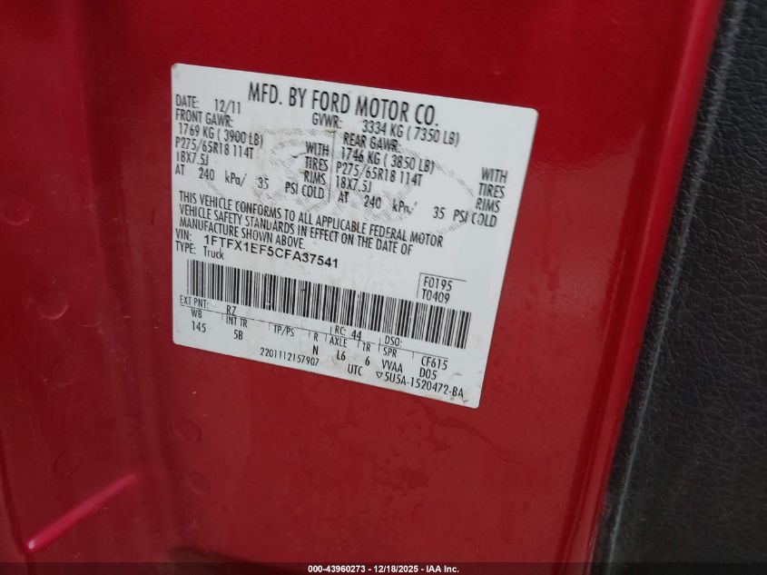 2012 Ford F-150 Fx4 VIN: 1FTFX1EF5CFA37541 Lot: 43960273