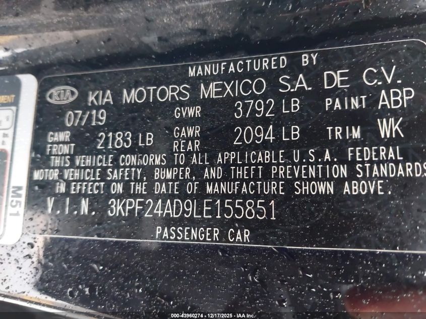 2020 Kia Forte Lxs VIN: 3KPF24AD9LE155851 Lot: 43960274