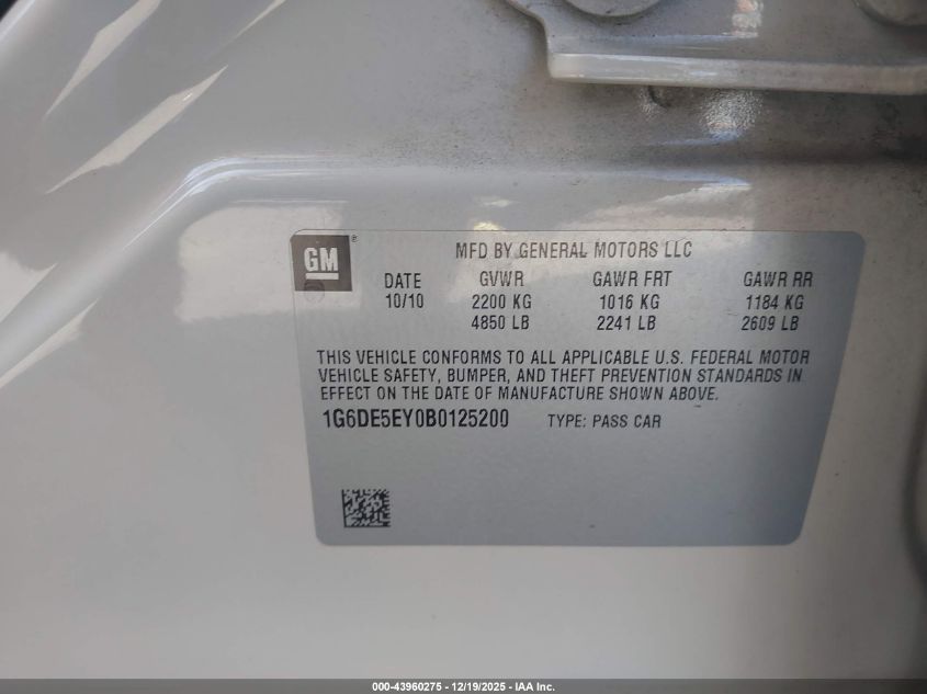 2011 Cadillac Cts Luxury VIN: 1G6DE5EY0B0125200 Lot: 43960275