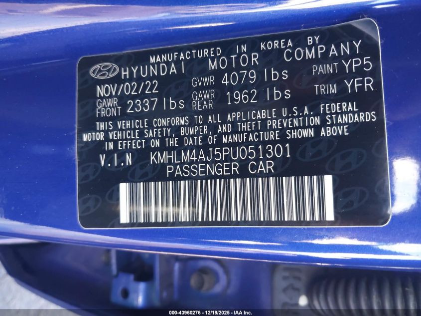 2023 Hyundai Elantra Hybrid Blue VIN: KMHLM4AJ5PU051301 Lot: 43960276