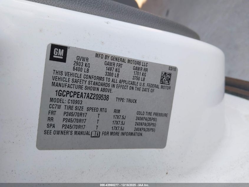 2010 Chevrolet Silverado 1500 Work Truck VIN: 1GCPCPEA7AZ209538 Lot: 43960277