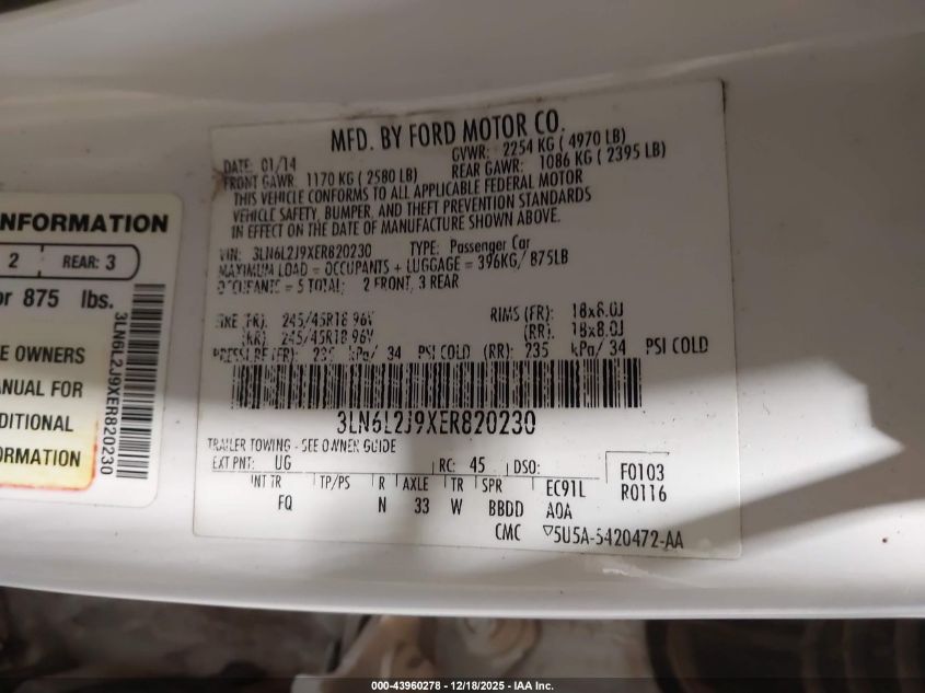 2014 Lincoln Mkz VIN: 3LN6L2J9XER820230 Lot: 43960278