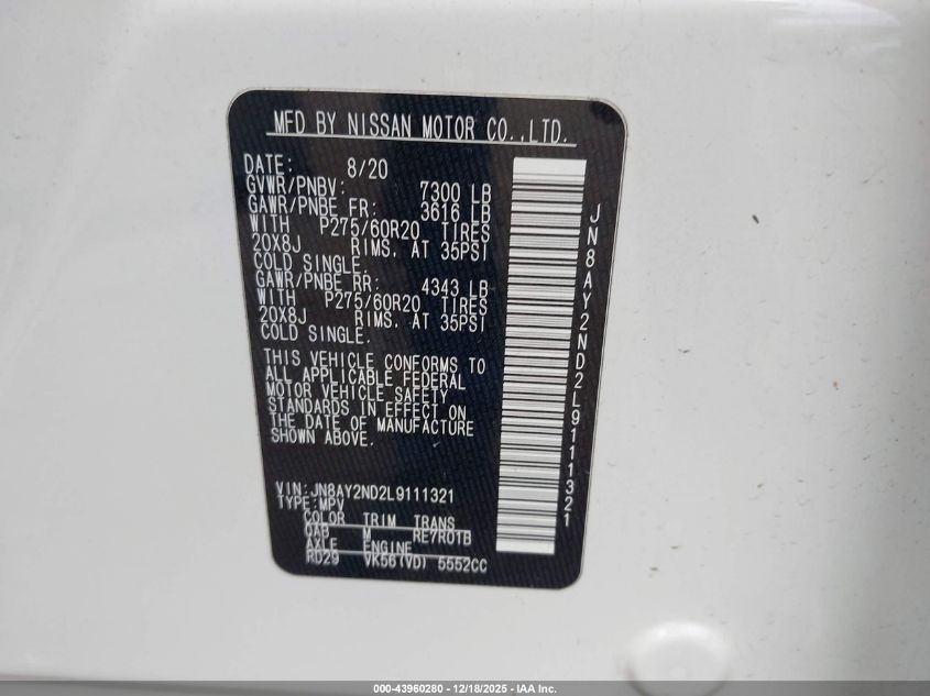 2020 Nissan Armada Sl 2Wd VIN: JN8AY2ND2L9111321 Lot: 43960280