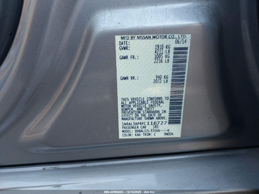 2015 Nissan Altima 2.5 Sv VIN: 1N4AL3AP4FC116727 Lot: 43960283