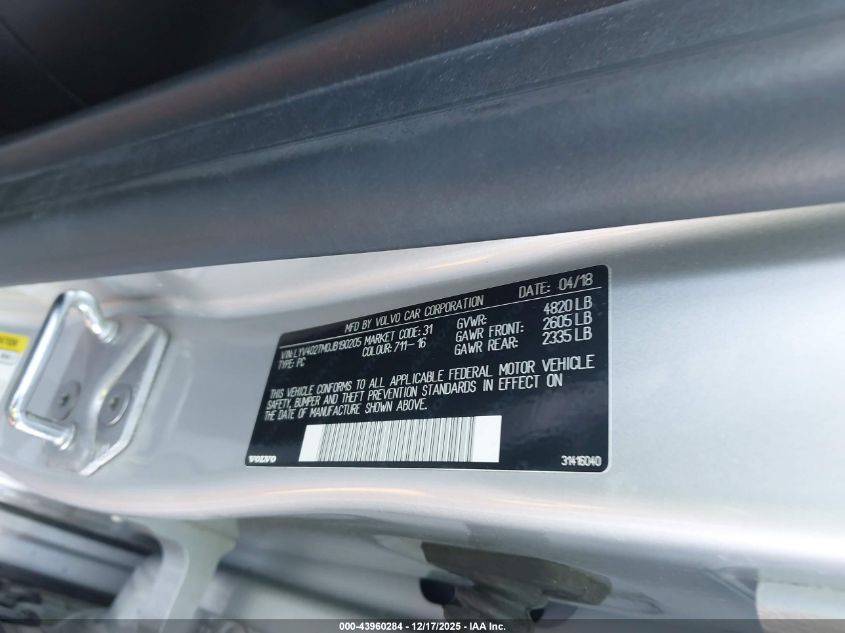 2018 Volvo S60 Inscription T5 Platinum VIN: LYV402TM0JB190205 Lot: 43960284