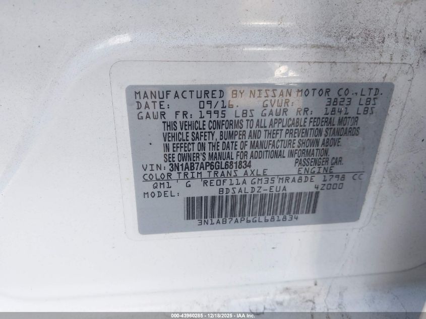 2016 Nissan Sentra Sv VIN: 3N1AB7AP6GL681834 Lot: 43960285