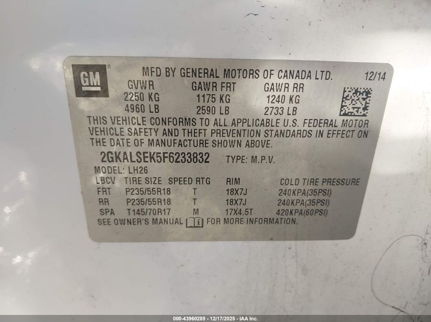 2015 GMC Terrain VIN: 22KALSE05F6233832 Lot: 43960289