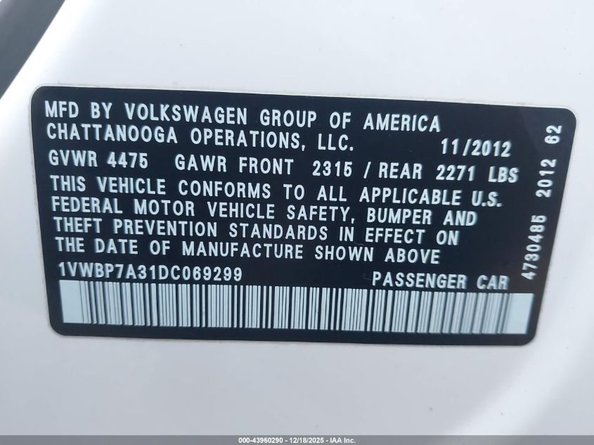 2013 Volkswagen Passat 2.5L Se VIN: 1VWBP7A31DC069299 Lot: 43960290