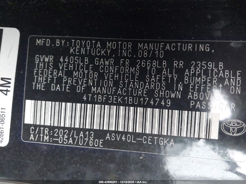 2011 Toyota Camry Xle VIN: 4T1BF3EK1BU174749 Lot: 43960291