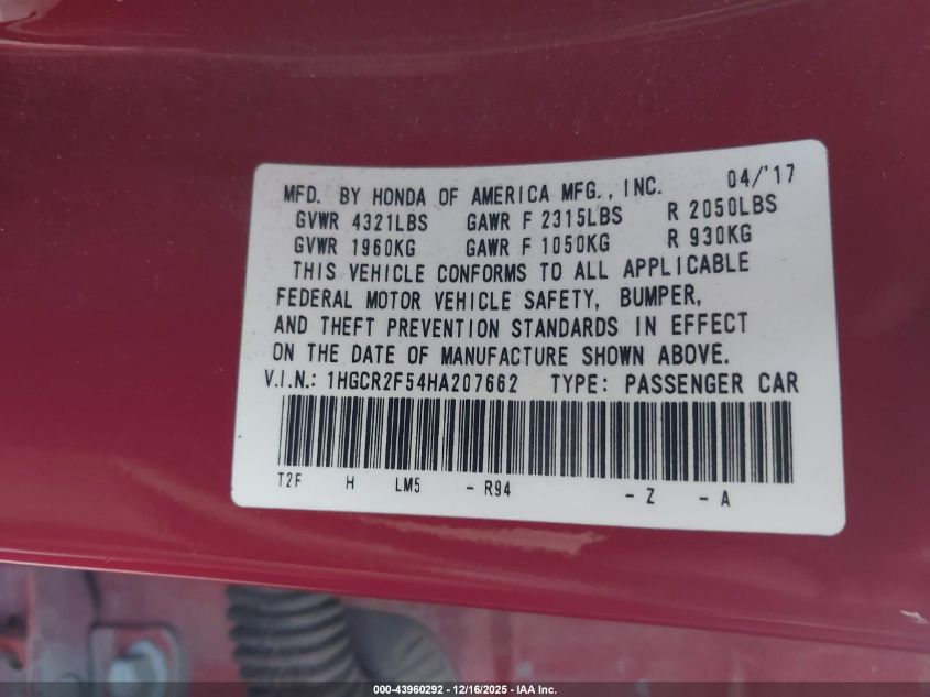 2017 Honda Accord Sport VIN: 1HGCR2F54HA207662 Lot: 43960292