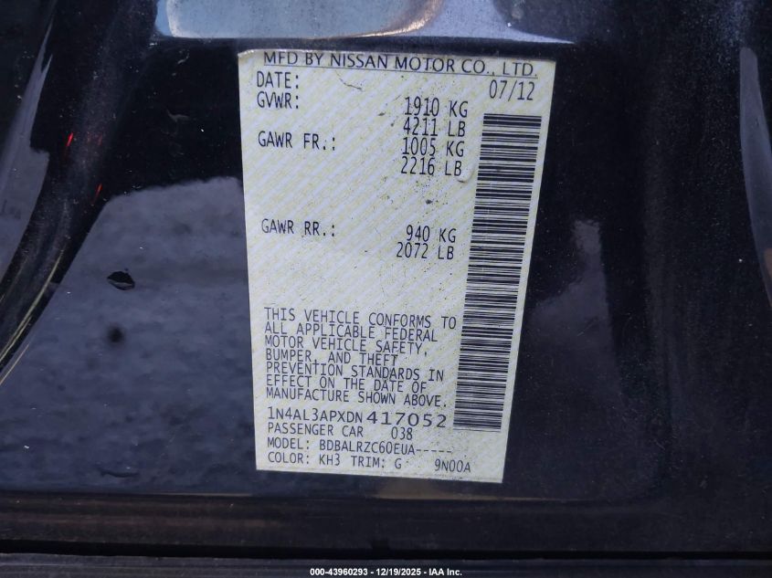 2013 Nissan Altima 2.5 S VIN: 1N4AL3APXDN417052 Lot: 43960293