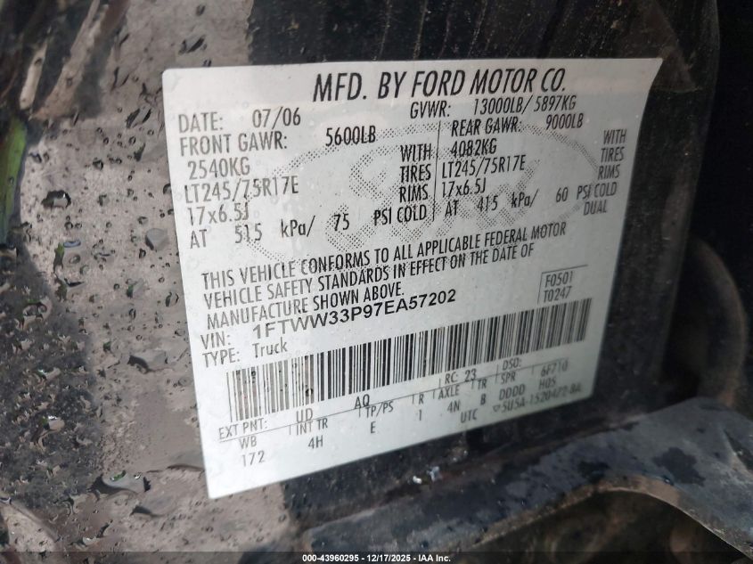 2007 Ford F-350 Lariat/Xl/Xlt VIN: 1FTWW33P97EA57202 Lot: 43960295