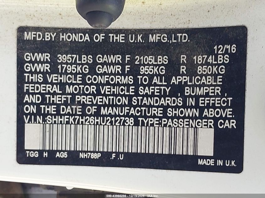 2017 Honda Civic Lx VIN: SHHFK7H26HU212738 Lot: 43960298