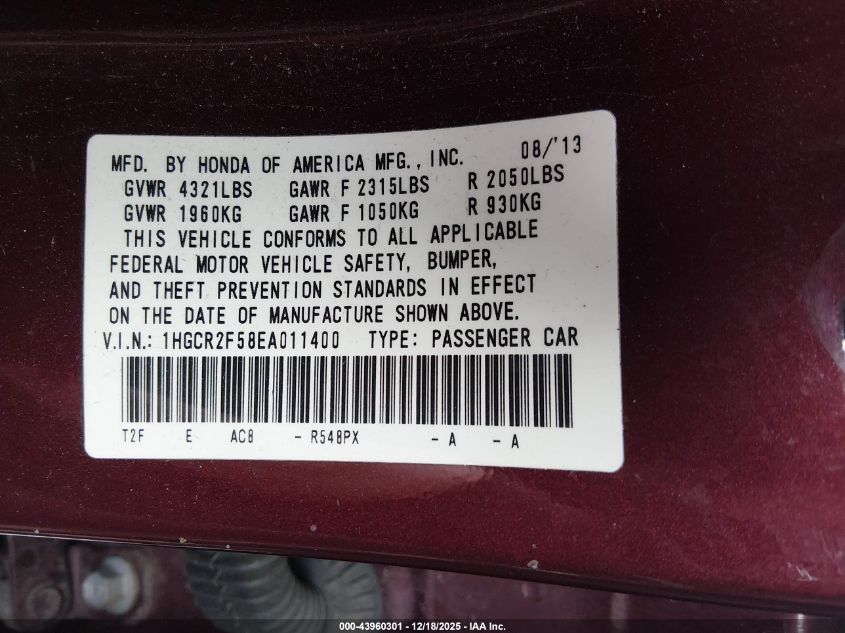 2014 Honda Accord Sport VIN: 1HGCR2F58EA011400 Lot: 43960301