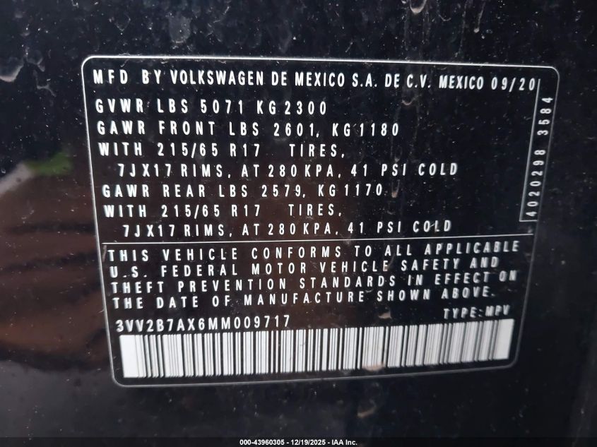 2021 Volkswagen Tiguan 2.0T Se/2.0T Se R-Line Black/2.0T Sel VIN: 3VV2B7AX6MM009717 Lot: 43960305
