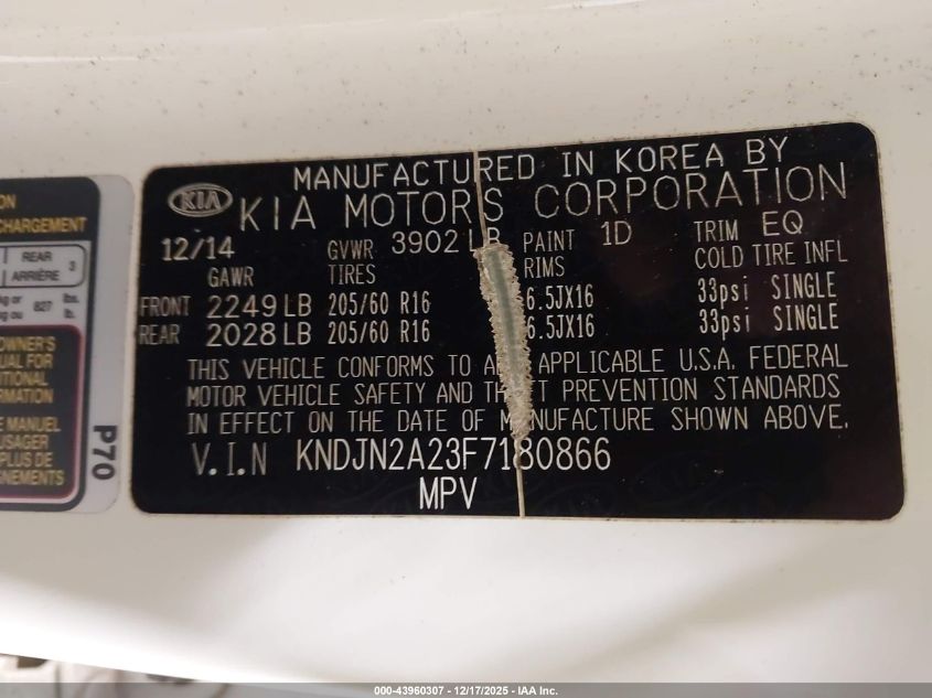 2015 Kia Soul VIN: KNDJN2A23F7180866 Lot: 43960307