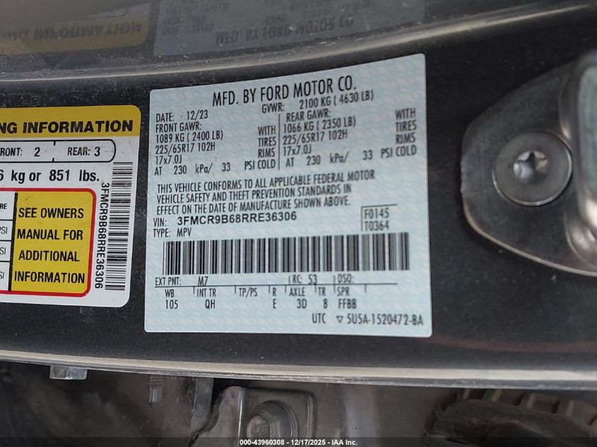 2024 Ford Bronco Sport Big Bend VIN: 3FMCR9B68RRE36306 Lot: 43960308