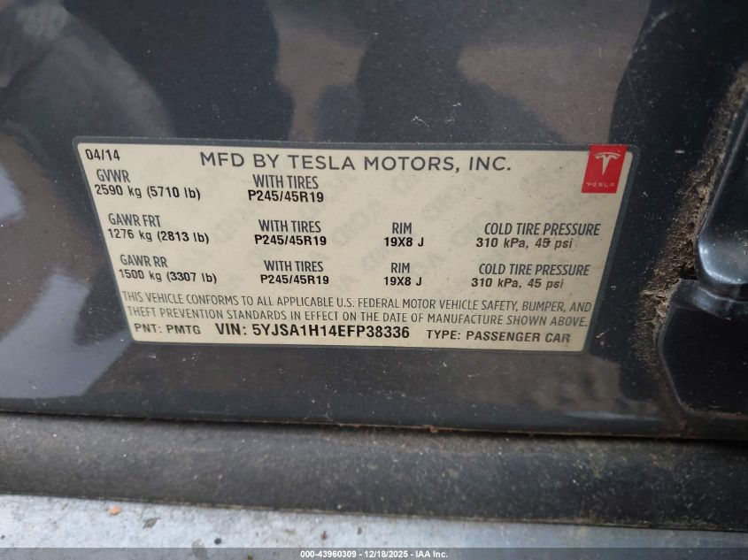 2014 Tesla Model S P85 VIN: 5YJSA1H14EFP38336 Lot: 43960309