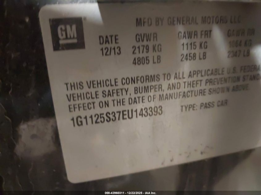 2014 Chevrolet Impala 2Lt VIN: 1G1125S37EU143393 Lot: 43960311