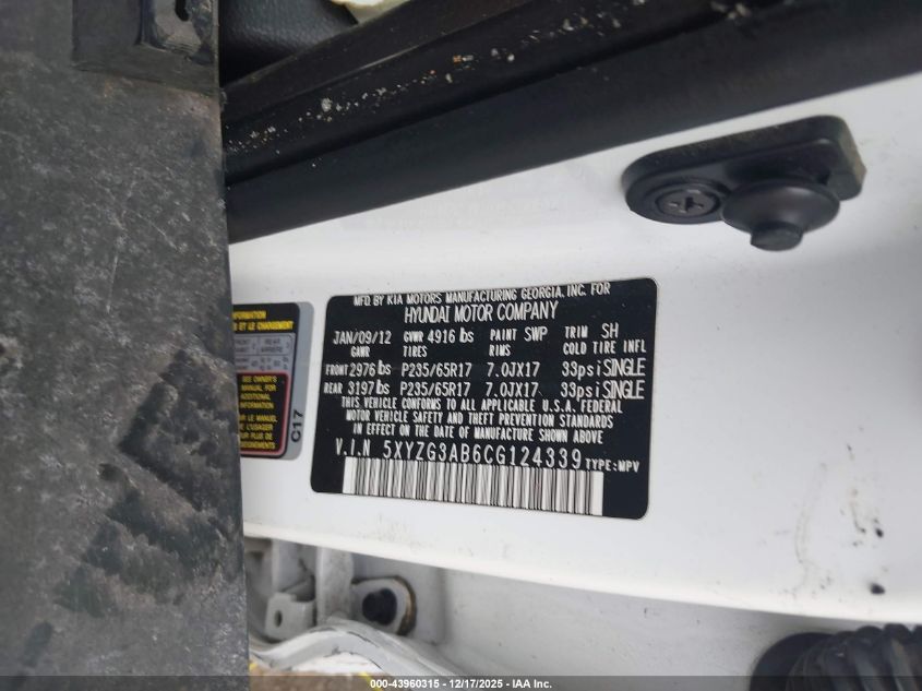 2012 Hyundai Santa Fe Gls VIN: 5XYZG3AB6CG124339 Lot: 43960315