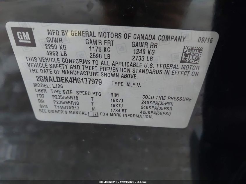 2017 Chevrolet Equinox Premier VIN: 2GNALDEK4H6177979 Lot: 43960316