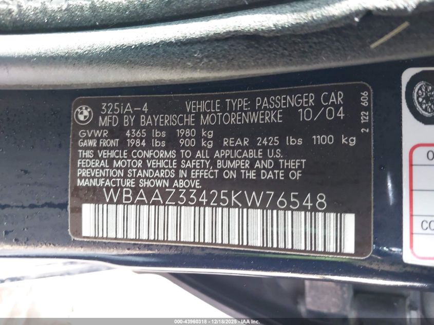2005 BMW 325I VIN: WBAAZ33425KW76548 Lot: 43960318