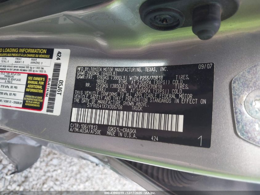 2007 Toyota Tundra Sr5 V6 VIN: 5TFRU541X7X006708 Lot: 43960319