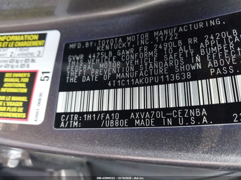 2023 Toyota Camry Le VIN: 4T1C11AKDPU113638 Lot: 43960322