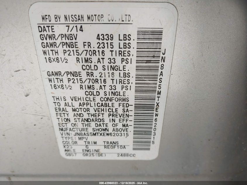 2014 Nissan Rogue Select S VIN: JN8AS5MTXEW620315 Lot: 43960323