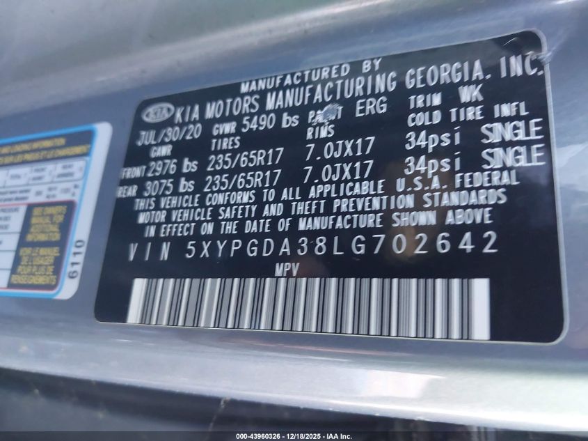 2020 Kia Sorento 2.4L Lx VIN: 5XYPGDA38LG702642 Lot: 43960326
