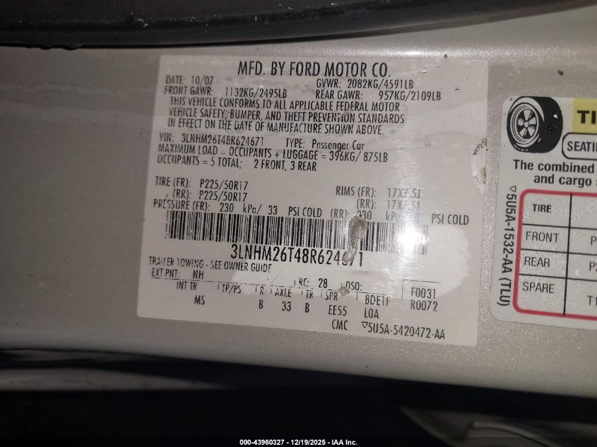 2008 Lincoln Mkz VIN: 3LNHM26T48R624671 Lot: 43960327