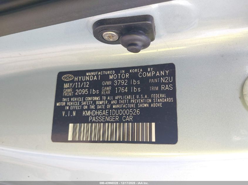 2013 Hyundai Elantra Gs VIN: KMHDH6AE1DU000526 Lot: 43960328