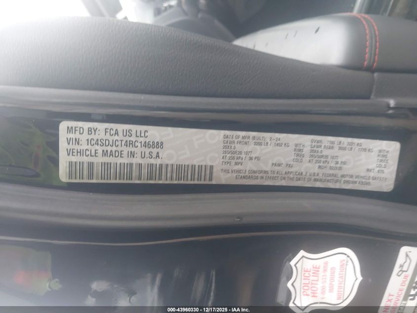 2024 Dodge Durango R/T Plus Awd VIN: 1C4SDJCT4RC146888 Lot: 43960330