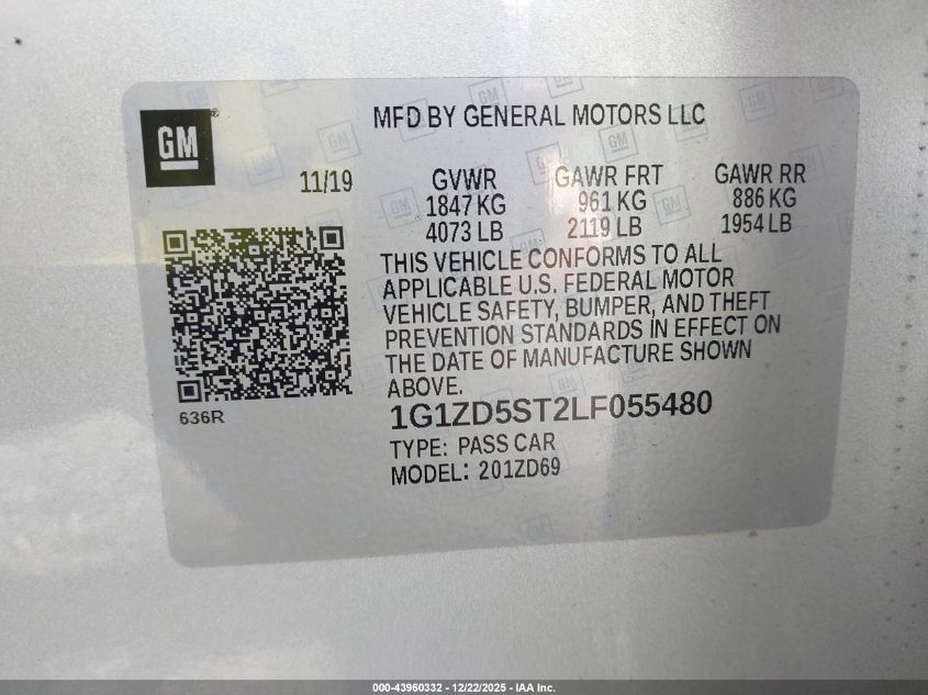 2020 Chevrolet Malibu Fwd Lt VIN: 1G1ZD5ST2LF055480 Lot: 43960332